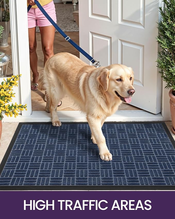 DEXI Front Door Mat Outside Entrance, Rubber Entry Doormat Heavy Duty, Welcome Mats Non Slip for Inside House Floor Entryway Back Doors Exterior Patio, 27.5"x59", Maze Blue