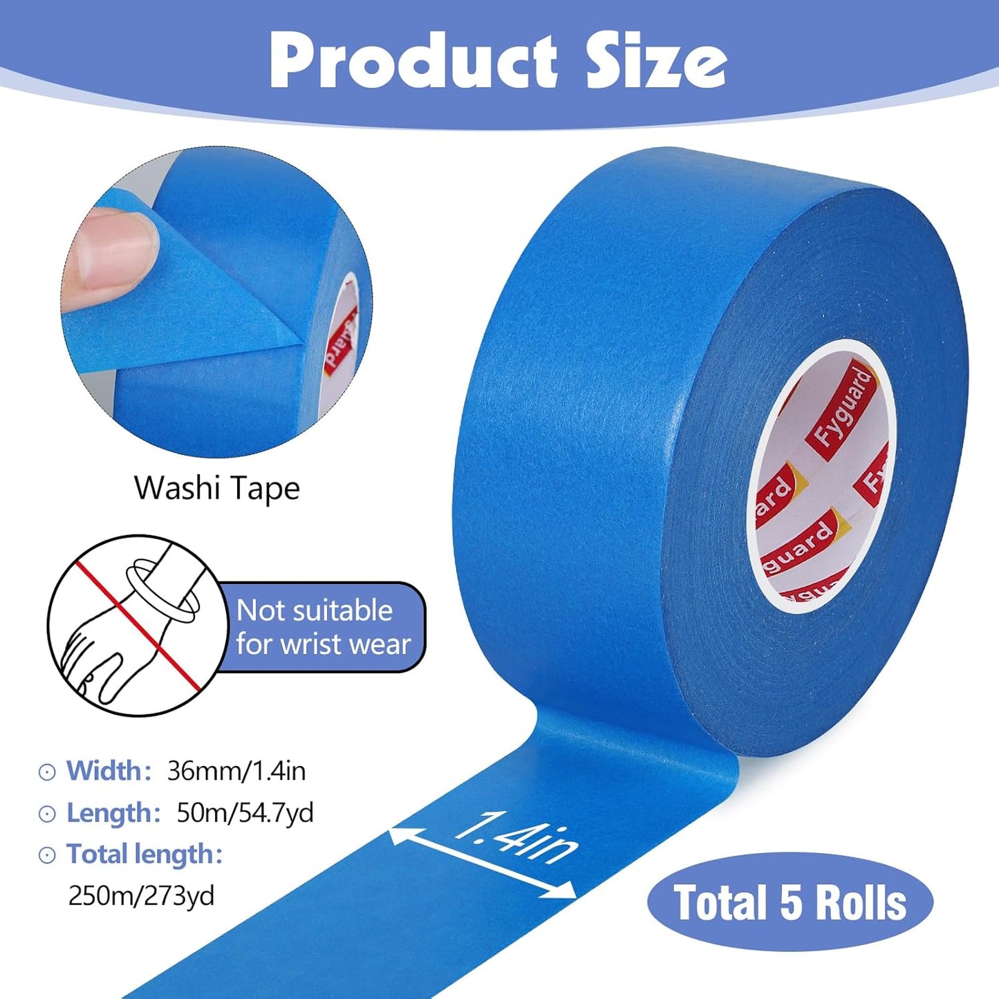 5 Rolls Blue Painters Tape 1.42In × 55Yd Wide Blue Masking Tape, Washi Tape for Wall Painting Automotive Window Trim Crafts Multi-Surface