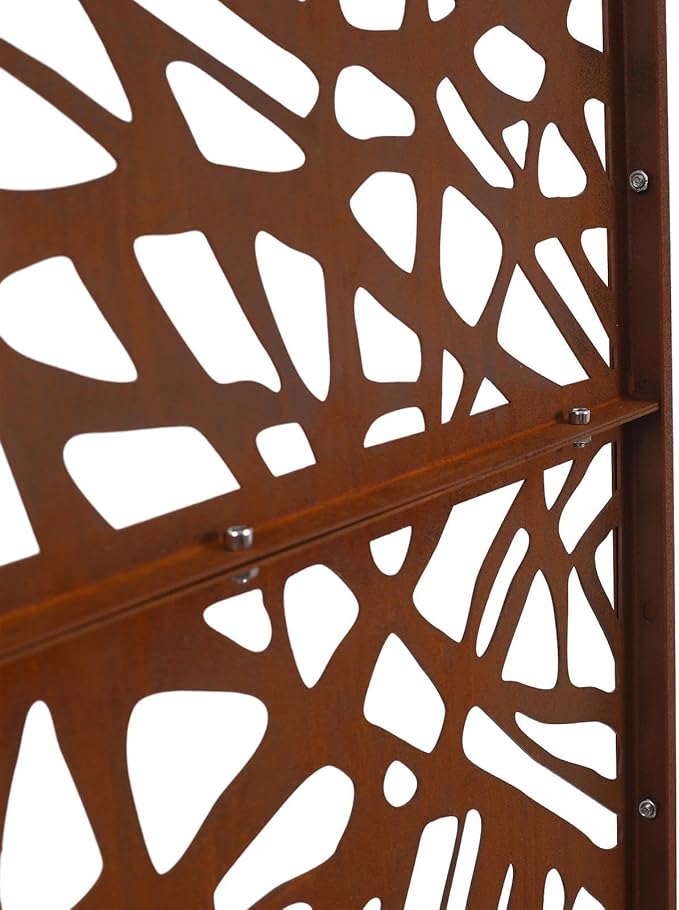 Outdoor Decorative Metal Privacy Screen Panel, 48" L x 16" W x 76" H, Steel Partition for Garden, Patio, and Backyard, Freestanding with Stable Base, Modern Geometric Design, Rust Red