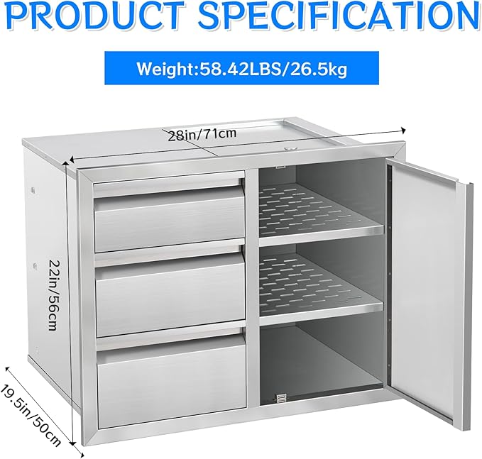 Outdoor Kitchen Drawer Combo, Stainless Steel Triple Drawers with Access Door, 28" W x 22" H x 19.5" D Outdoor Kitchen Cabinet for BBQ Island Grill Stations