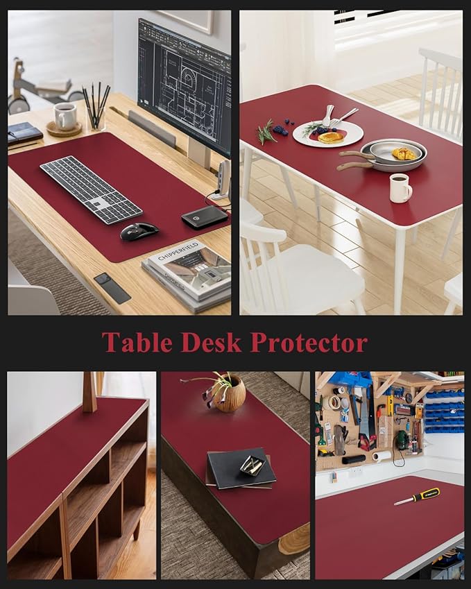 Wine Red Plastic Table Cover Protector, 24" x 48" Waterproof Easy Flat PVC Desk Pad Mat, 1.5mm Thick Rectangle Vinyl Table Top Protector for Dining Room Table, Office, Dresser