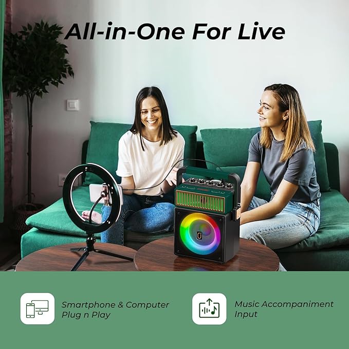 JYX Bluetooth PA Speaker System with 2 Wireless Mics, Retro 60W Karaoke Machine with LED Lights, Supports Recording, USB/TF/AUX/MIC Input for Home Party