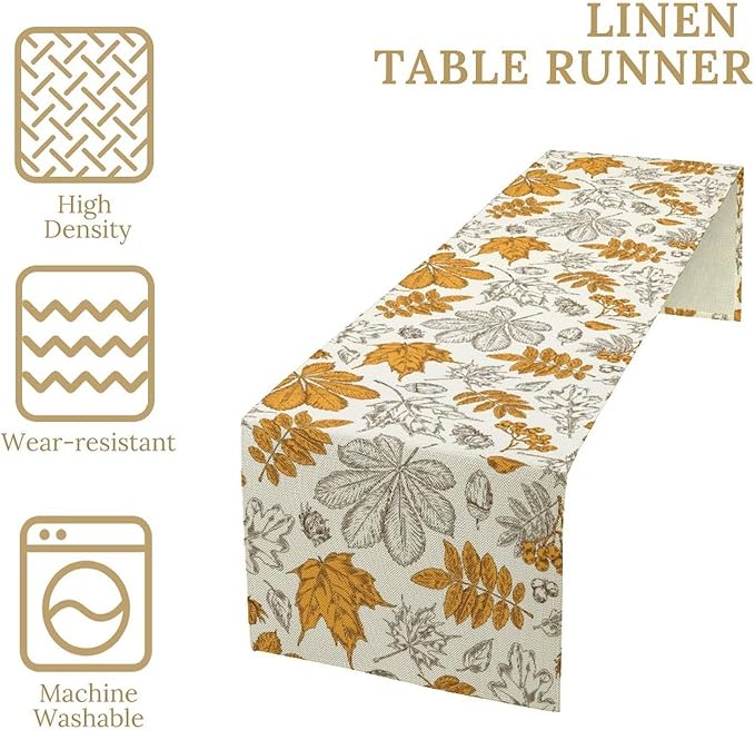 Autumn Maple Leaf Table Runner, Vintage Fall Orange Brown Nature Botanical Leaves Print Table Cover for Home Kitchen Dining Table Decor Indoor Outdoor Party, 13x108inch
