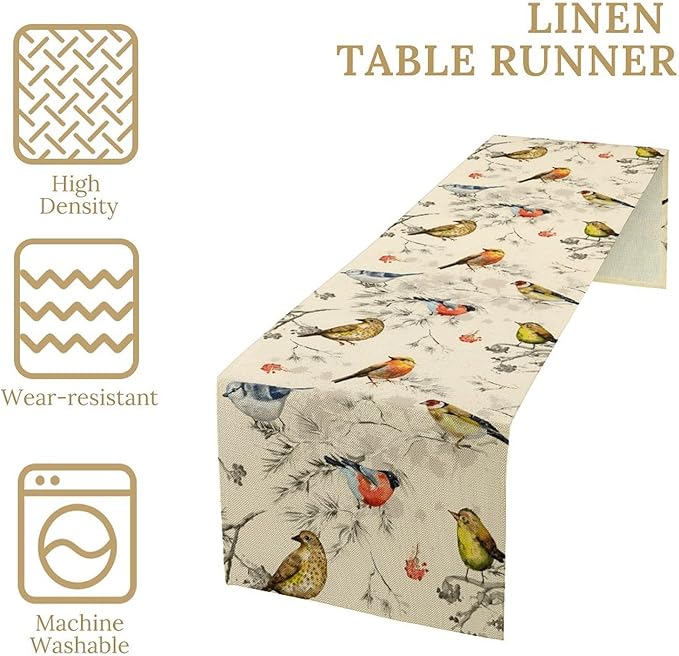 Vintage Bird Table Runner,Watercolor Winter Perching Birds Table Decoration for Kitchen Dining Table Holiday Indoor Outdoor Home Party Decor 13x108in