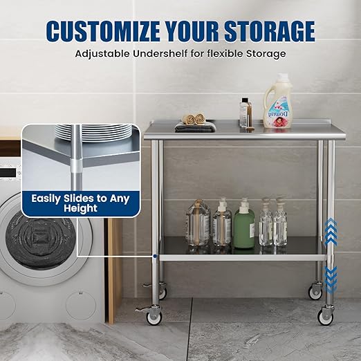 Stainless Steel Work Table with Wheels, 30x48 Inch NSF Food Prep Table with Backsplash & Adjustable Undershelf for Kitchen, Restaurant, Garage
