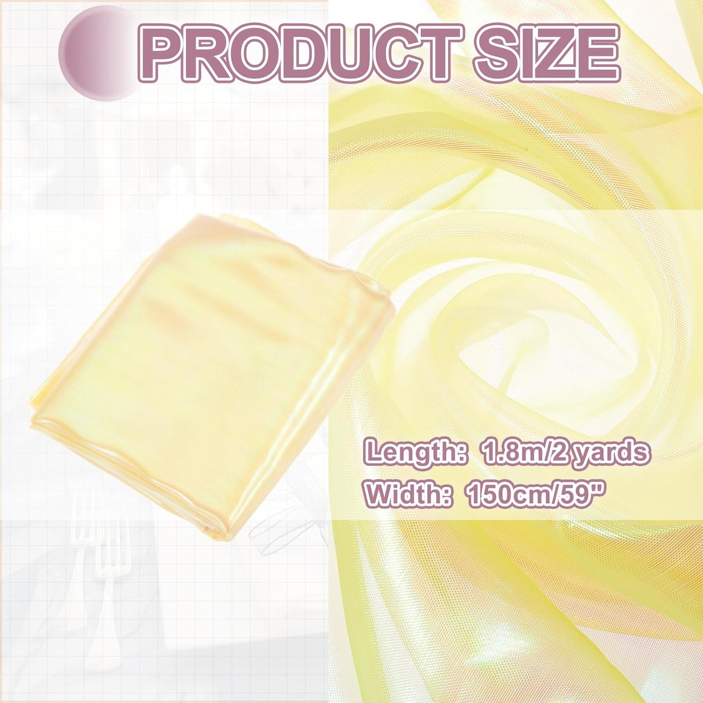 MECCANIXITY Iridescent Sheer Organza Fabric, 2 Yards x 59 Inches Solid Laser Holographic Shiny Fabric Organza Cloth for Wedding, Curtains, Costume, Photo Background, Yellow
