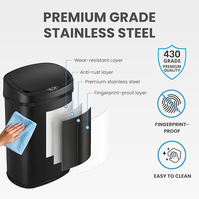 iTouchless 13 Gallon Automatic Sensor Trash Can with Lid, AbsorbX Odor Control System, Matte Black Stainless Steel Kitchen Garbage Bin, Fingerprint-Proof, Hands-Free Operation, Oval