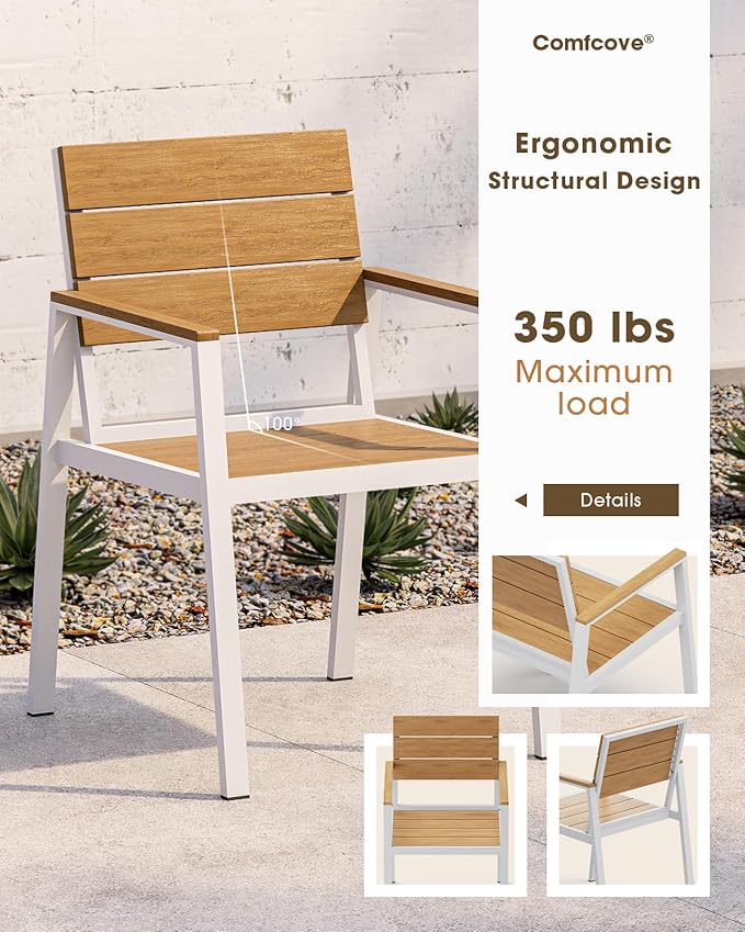 Outdoor Patio Dining Chairs Set of 2, Aluminum & HDPS All-Weather for Deck, Lawn, Backyard, Pool and Indoor Use (White & Teak)