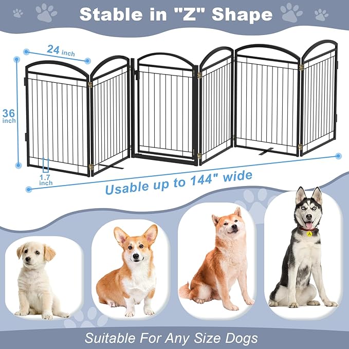 Full Metal Free Standing Dog Gate with Door for Indoor Outdoor, 144'' Extra Wide 36'' Tall Dog Gate for Doorways,Large Openings,Decks,Freestanding Portable Pet Fence(6 Panels,Black)