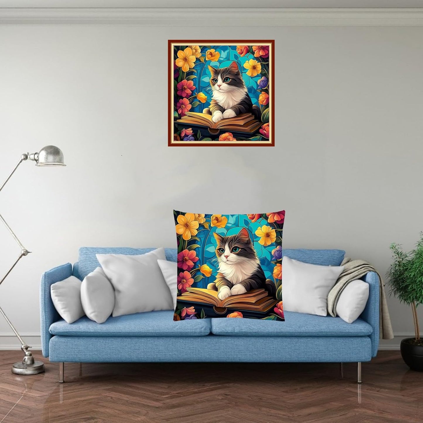 Fanxvivy Stamped Cross Stitch Kits for Adults Beginners Pillow Needlepoint Kit with Embroidery Pattern Needlework Kit Prestamped Stitches Kit 11CT Cross Stitching-Cat Flowers 18x18 inchs