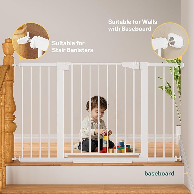 Cumbor 2 Pack 29.7"-51.5" Extra Wide Baby Gate for Stairs, Easy Wall Through Dog Gates for Doorways, Pressure Mounted Pet Gate Indoor, Safety Auto-Close Child Gate for Kids with 4 Wall Cups, White