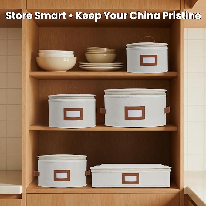 HOMELUX THEORY Coffee Mug Storage with Dividers, Ivory Hard Shell China Storage Containers, Kitchen Storage Bins With Lids, Heavy Duty Moving Box for Packing Glassware, Stemware & Glassware