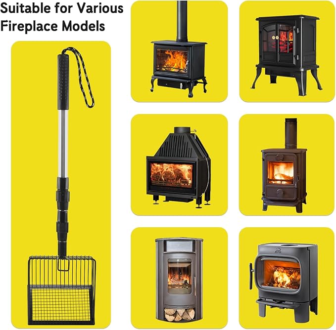 Long Handle Fireplace Ash Sifter, Hollow Out Metal Coal Shovel with 3-Section Adjustable Handle, Heat Resistant Charcoal Shovel Scoop for Wood Stove, Fireplace, Fire Pit and Grill