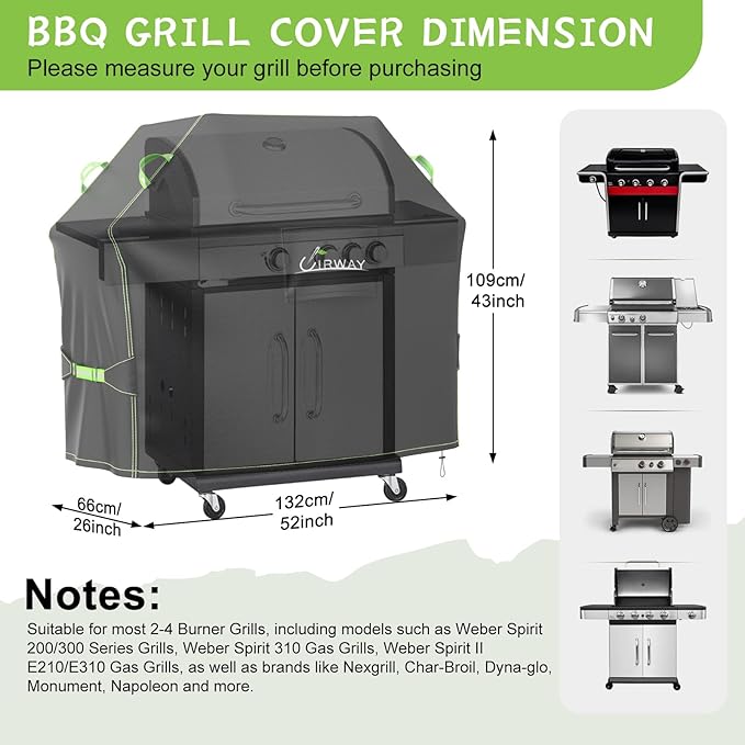 UIRWAY Gas Grill Cover 52 Inch, Waterproof, UV & Fade Resistant BBQ Grill Cover for Outdoor, Barbecue Cover with Reflective Strip and Air Vent for Weber, Dyna-glo, Char-Broil, Nexgrill, etc. Black