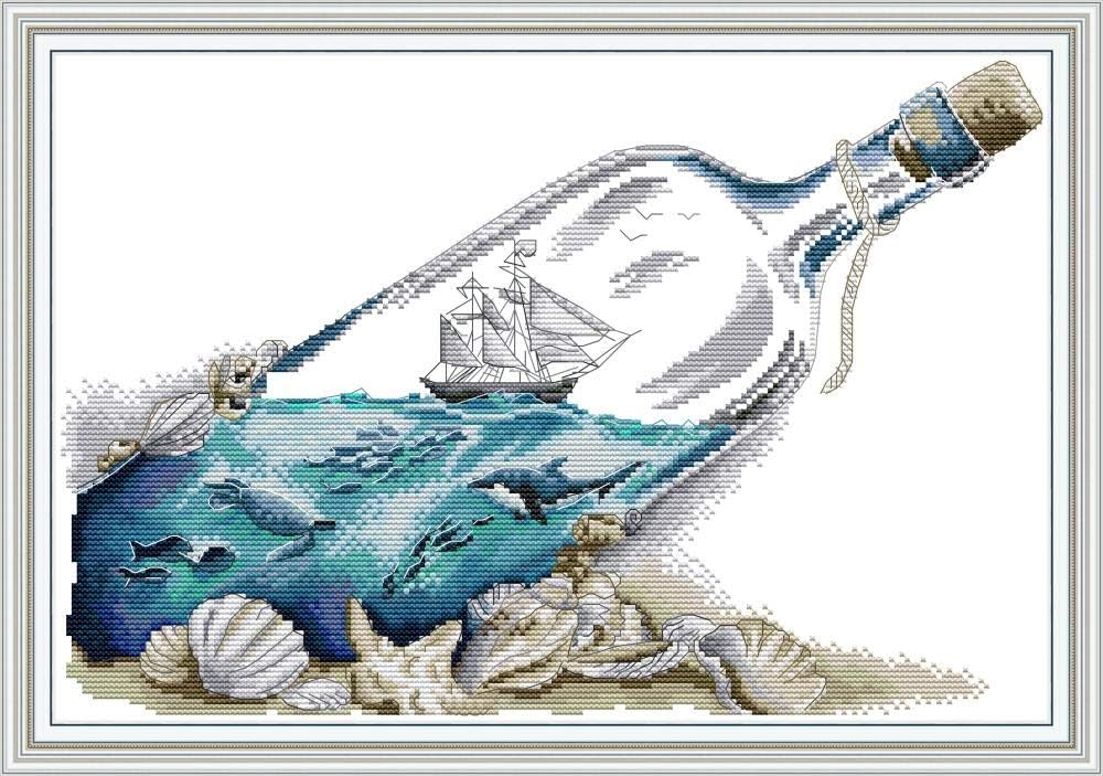 Stitchmelody 14CT Counted Cross Stitch Kits,DMC Unprinted Pattern Embroidery Set Needlework-Sea in a Bottle 16.5''×11.8''