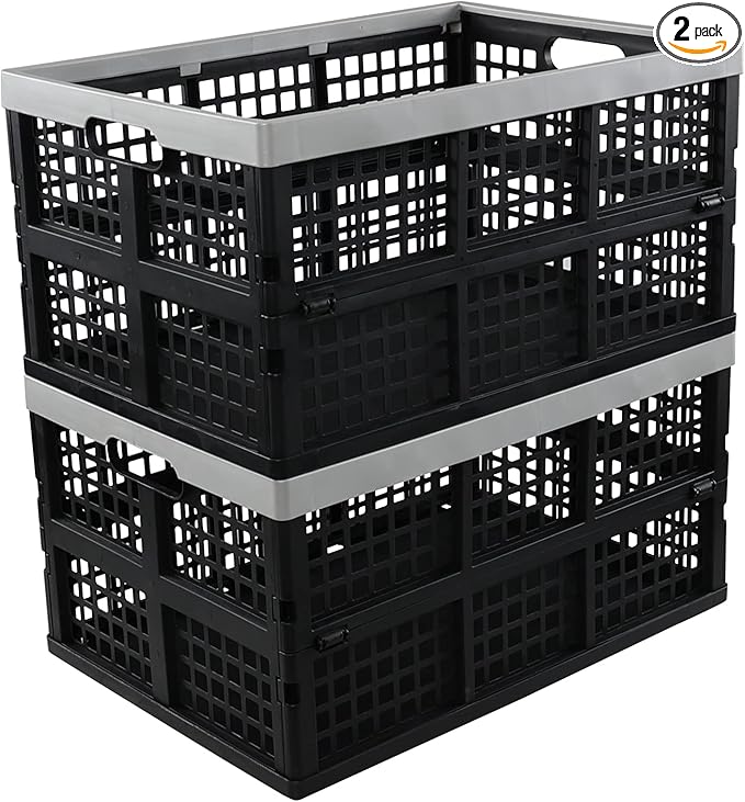 42 L Collapsible Crate Storage, Plastic Folding Storage Crates, 2 Pack
