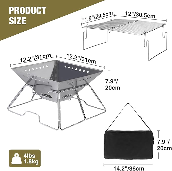 Lineslife Foldable Fire Pit with Grill for Camping Collapsible Portable Fire Pit with Campfire Grill & Tote Bag for Backyard, Patio, Picnic, BBQ