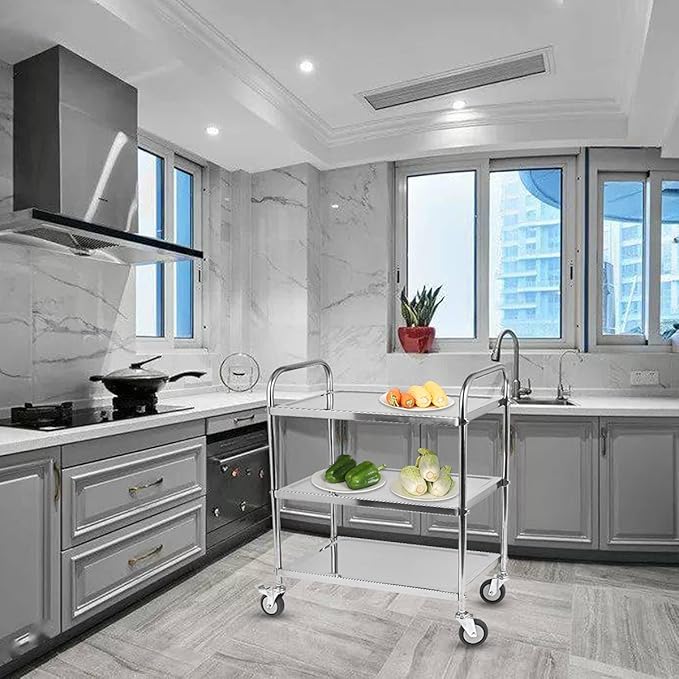 3 Shelf Stainless Steel Cart, 420 lbs, 1MM Thick, Serving With Wheels, Household Service Trolley, 360 Rotation Storage Shelf With Locking Wheels (29.5*15.8*37.4)'' Utility