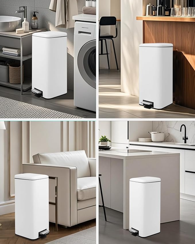 8 Gallon Trash Can with Lid, White Kitchen Trash Can with Soft Close, InnerBucket & Steel Pedal, Stainless Steel Garbage Can for Kitchen, Laundry Room, Office, Bathroom, Dorm, 30 Liters