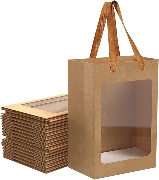 24 Pcs Brown Paper Gift Bags with Transparent Window, 9.84"x7.0"x5.12" Kraft Shopping Bags with Handles for Bouquet Christmas Birthdays Festivals Party Weddings Wrapping