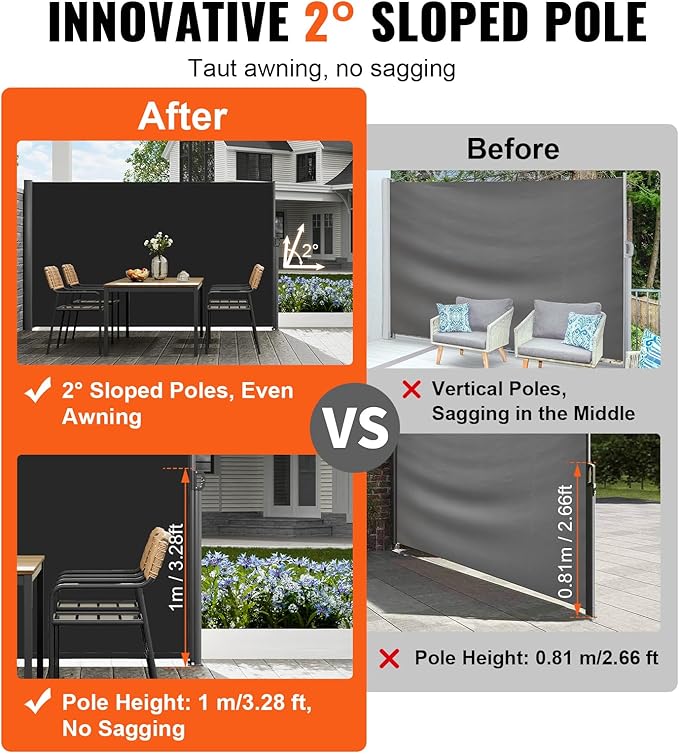 VEVOR Retractable Side Awning, UV 50 118" x 71" Retractable Patio Screen Waterproof, 280 g Thicken Folding Room Divider Wind Screen for Privacy, Garden, Outdoor, Patio and Terrace, Black