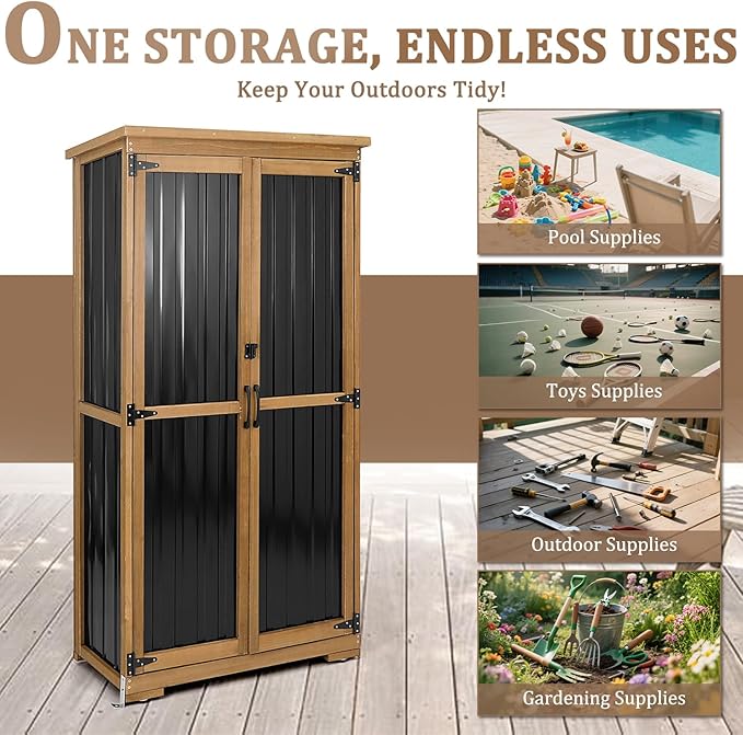 Outdoor Storage Cabinet, Wood & Metal Storage Shed with Weather-Resistant Roof, Removable Shelves, Lockable Doors, Outside Storage Tool Organizer for Garden, Patio, Backyard, Garage, Pool