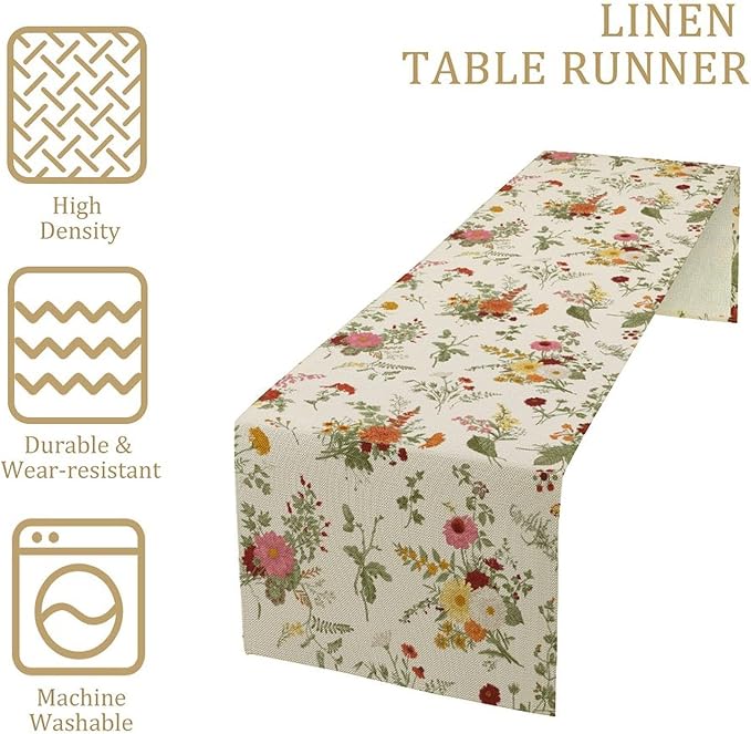 Vintage Flower Table Runner, Rustic Farmhouse Retro Garden Botanical Plants Herbs Wildflower Print Table Runner for Kitchen Dining Room Wedding Party Decor, 13x70inch
