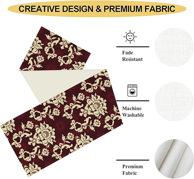 Red Damask Table Runner, Gothic Boho Baroque Style Floral Flower Antique Classic Rustic Vintage Coffee Table Center Decor for Kitchen and Dining Outdoor Home Country Party Table Decorations, 13"x72"