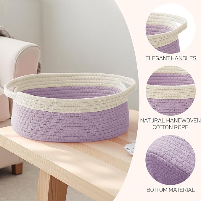 Woven Basket,Small Rope Storage Bin with Handles & Ribbon Bag, Organizer for Shelves Closets,Gift Basket Empty for Birthday,Books,Dog Toys, White&Purple
