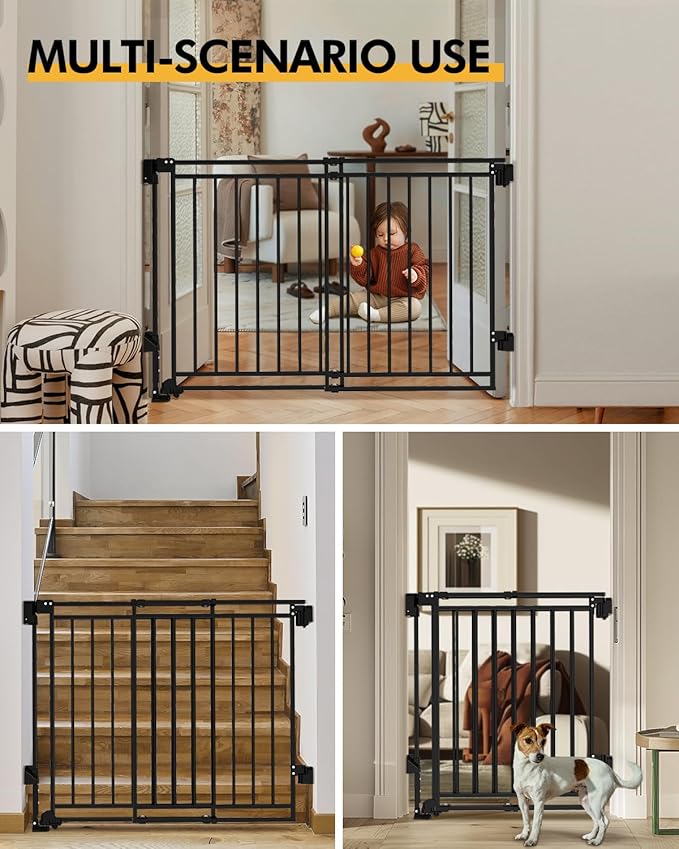 Baby Gate for Stairs Doorways & Kitchen, 26.4"-43" W x 29" H, No Bottom Bar Dog Gate, One-Handed Auto-Close, Hardware Mount Safety Gate for Dogs & Toddlers, Black