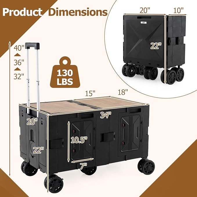 Goplus Large Foldable Utility Cart w/ 2-Tier Storage Crates, 5 Rotate Wheels, Metal Telescoping Handle, Portable Rolling Trolley Collapsible Cart for Grocery Shopping Camping & Travel
