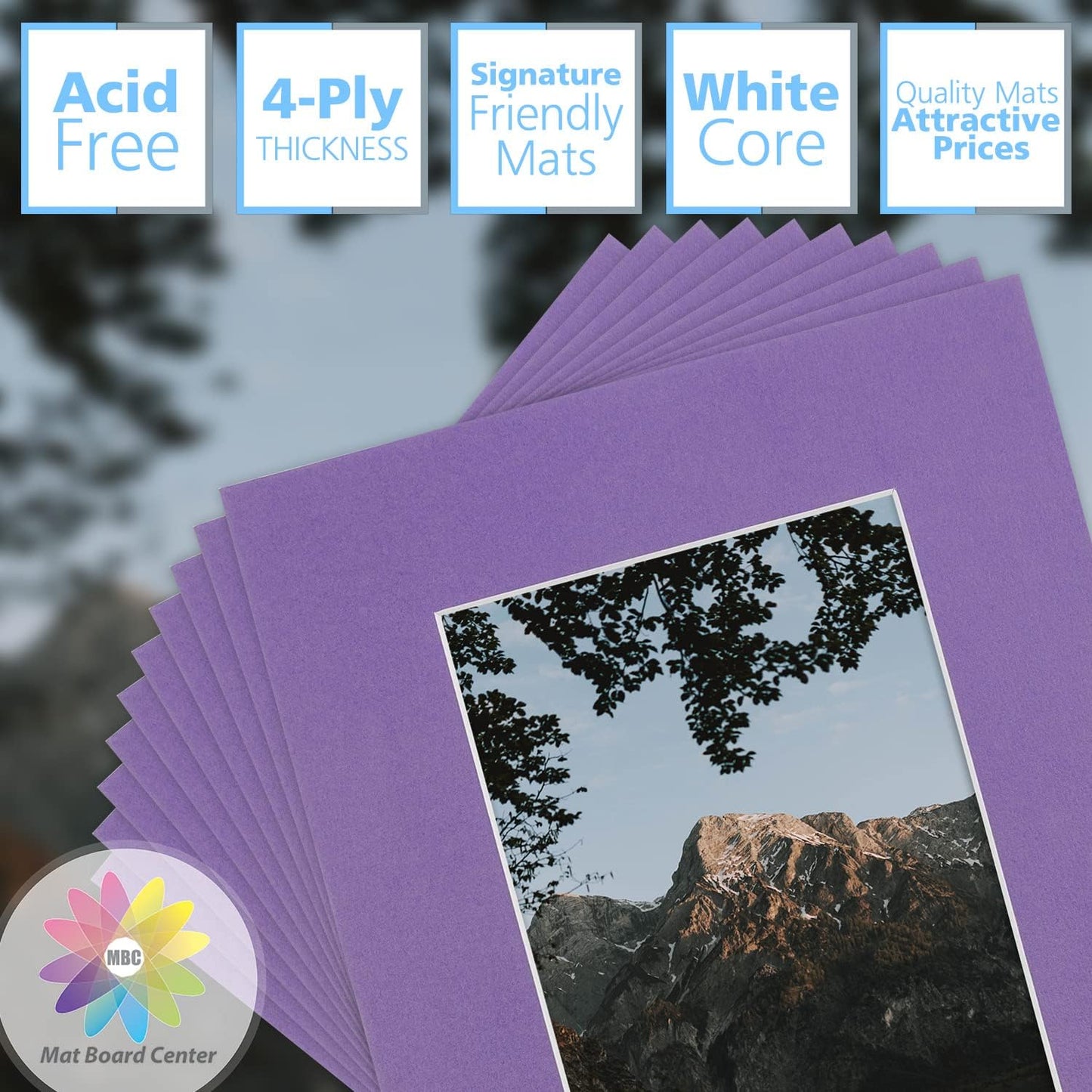 Mat Board Center, Pack of 10, 8x10 for 5x7 Purple Color Mats - Bevel Cut, Acid Free, 4-ply Thickness, White Core - for Pictures, Photos, Framing