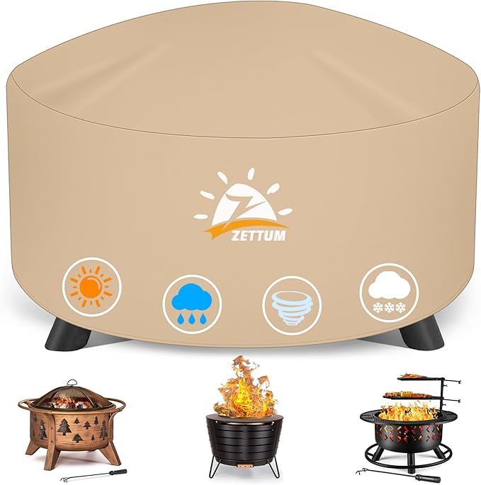 Zettum Fire Pit Cover Round 44 Inch - Outdoor Firepit Cover Waterproof & Heavy Duty, 600D Patio Fire Table Cover Gas Fire Pit Accessories Fade & Weather Resistant - 44 x 44 x 24 Inch