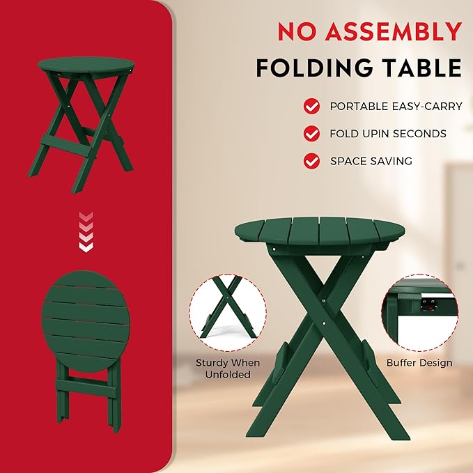 Costaelm Paradise HDPE Outdoor 24.5 Inch Round Portable Folding Patio Dining Table, Dark Green