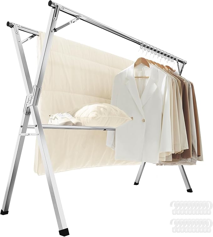 SONGMICS Clothes Drying Rack, Heavy-Duty Laundry Drying Rack, 45.7-63.4 Inches Extendable, Foldable Freestanding Airer, Stainless Steel, for Indoor Outdoor Use, Dove Gray ULLR901E01