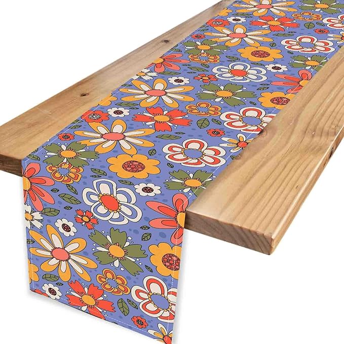70s Floral Table Runner, Retro Groovy Hippie Lovely Floral Funky Daisy Trippy Coffee Table Center Decor for Home Kitchen Dining Patio Holiday Party Indoor Outdoor Table Decorations, 13"x36" Inch