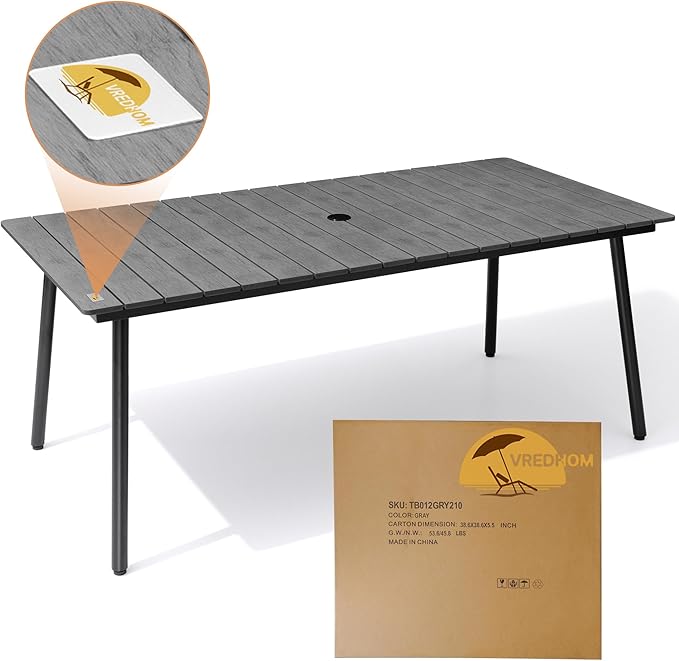 83" Patio Outdoor Dining Table for 6-8, Weather-Resistant Aluminum Frame with Wood-Grain Top & Umbrella Hole for Deck Gatherings, Grey
