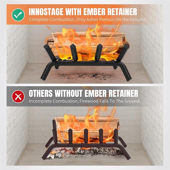 Fireplace Grates with Ember Retainer - 14 Inch Fireplace Log Grate, Wood Stove Grate, Firewood Wood Log Holder Rack,Inside Wrought Cast Iron Fire Grate for Hearth Indoor Outdoor Camping