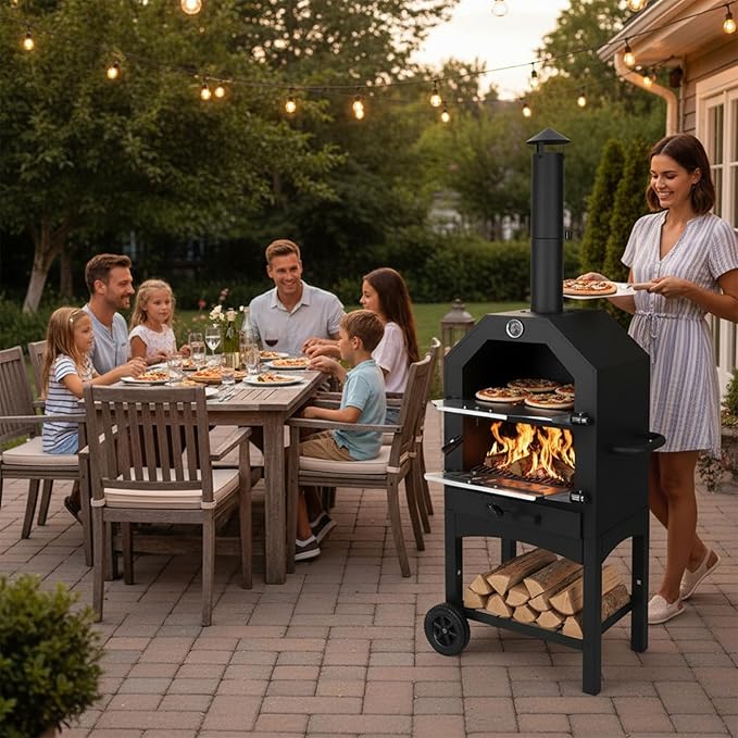 Outdoor Wood Fired Pizza Oven with Firewood Storage, Side Shelves, Cordierite Pizza Stone & Peel, 2 Cooking Grills, Thermometer, Portable Patio Pizza Maker for Backyard Parties and Camping