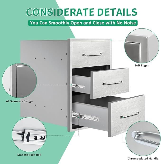 Outdoor Kitchen Drawers 14" W x 21" H x 21" D Stainless Steel Triple Drawers with Ergonomic Handle for BBQ Island, Patio Grill Station & Outdoor Kitchen Cabinets