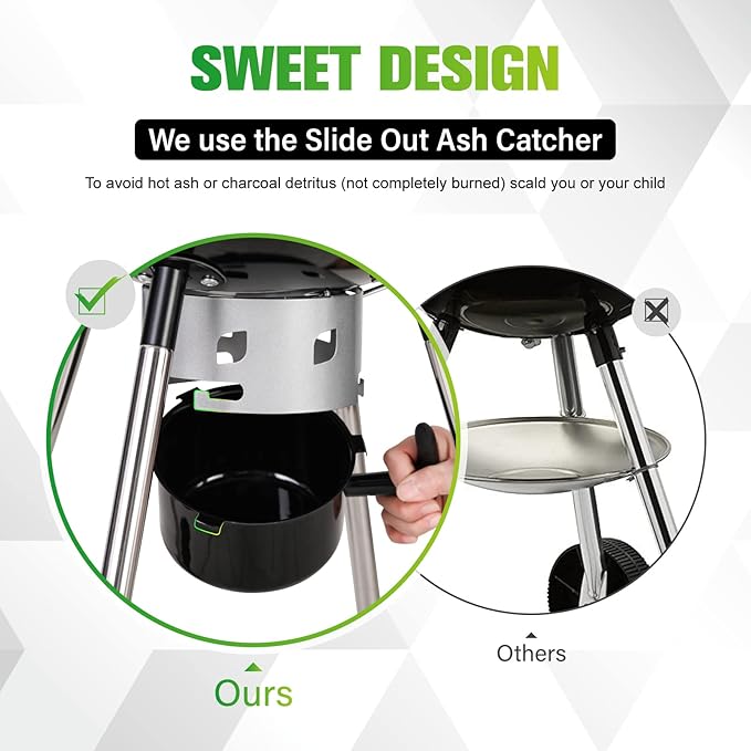 MFSTUDIO 18" Kettle Charcoal Grill, Portable Porcelain-Enameled BBQ Grill with Slide Out Ash Catcher for Outdoor Barbecue Cooking, Black