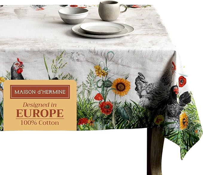 Maison d' Hermine Table Cloth Rectangle Table 100% Cotton 54 x 72 Inches Tablecloth Reusable Decorative for Dining Room, Farmhouse, Home, Party, Festive & Wedding Spring Summer - Basse Cour