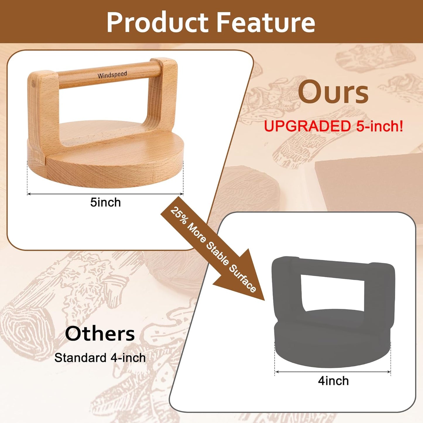 Windspeed Upgrade Wood Baren for Printmaking, 5.5 in Thicker Block Printing Baren Tools Printing Wood Block for Linocut Scrapbooking Crafting Embossing Tool with Wiping Cloth