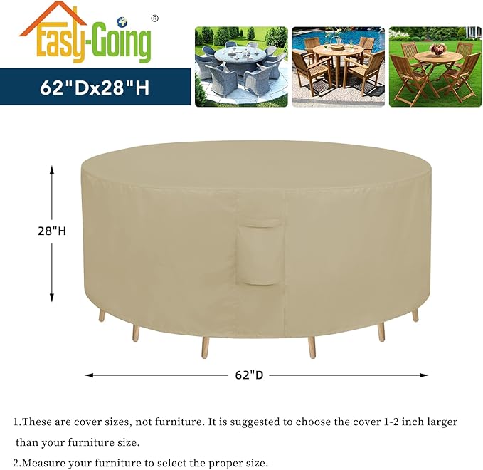 Easy-Going Round Patio Furniture Cover Waterproof Outdoor Dining Table and Chair Cover Anti-UV Outside Sectional Sofa Set Covers (62"DIA x 28"H, Camel)