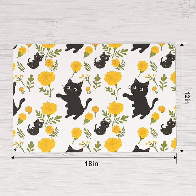 QIYI Placemats Set of 6, 12x18 Inch Faux Leather Place Mats for Kitchen Dinning, Heat Resistant Anti Slip Flower Table Mats, Waterproof Wipeable Washable Placemat Party Table Décor, Cute Black Kittens