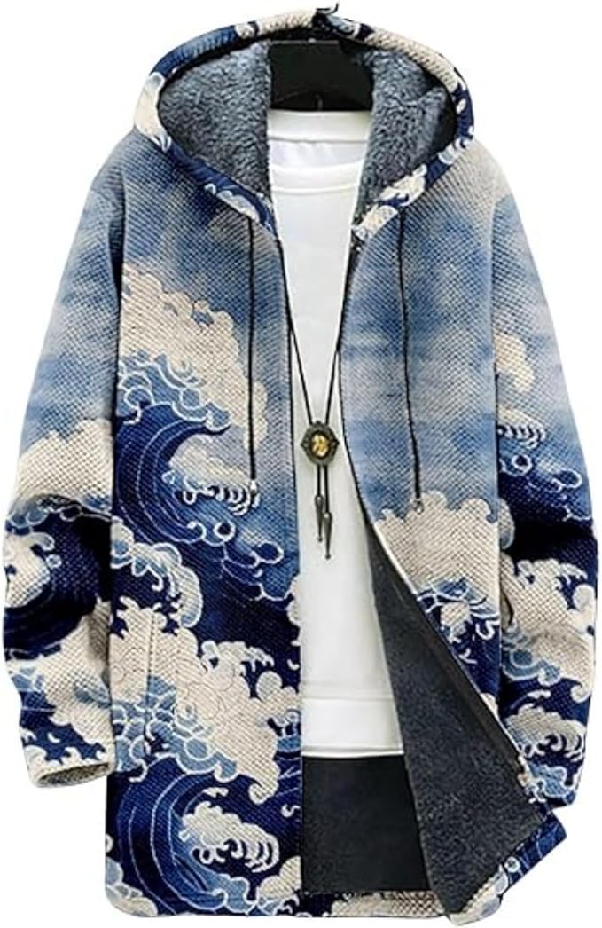 Men's Hooded Sweater Coat Knit Fleece Lined Long Cardigan Jacket with Zip Front Pocket Vintage Casual Zip Up