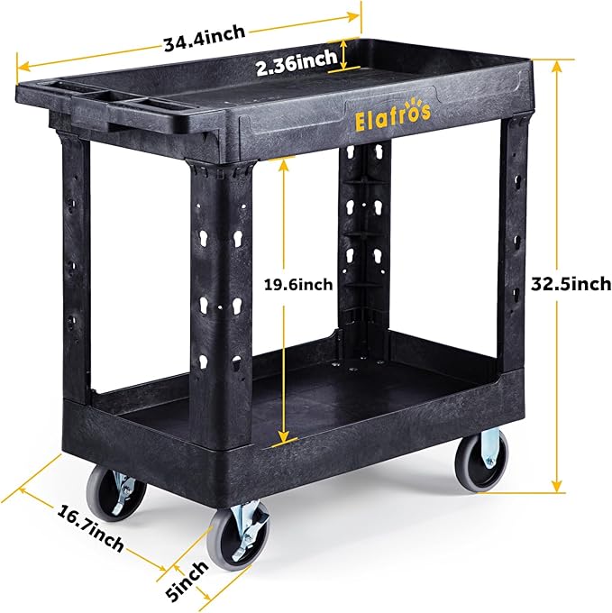ELAFROS Heavy Duty Plastic Utility Cart 34 x 17 Inch - Work Cart Tub Storage W/Deep Shelves and 2 Fixed 2 Swivel Wheels Safely Holds up to 550 lbs - 2 Tier Service Cart for Warehouse,Garage, Black