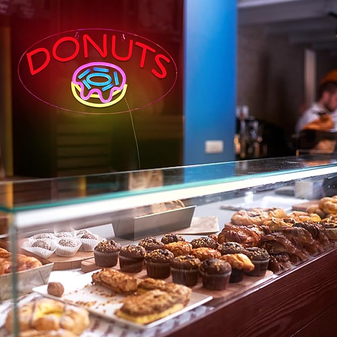 JFLLamp DONUTS Neon Signs for Wall Decor Neon Lights for Business Led Signs Suitable for Bakery Dessert Cake Shop Convenience Stores Supermarkets 5V Power Adapter 16.1*9 Inch (Blue+ Red+Pink+Yellow)