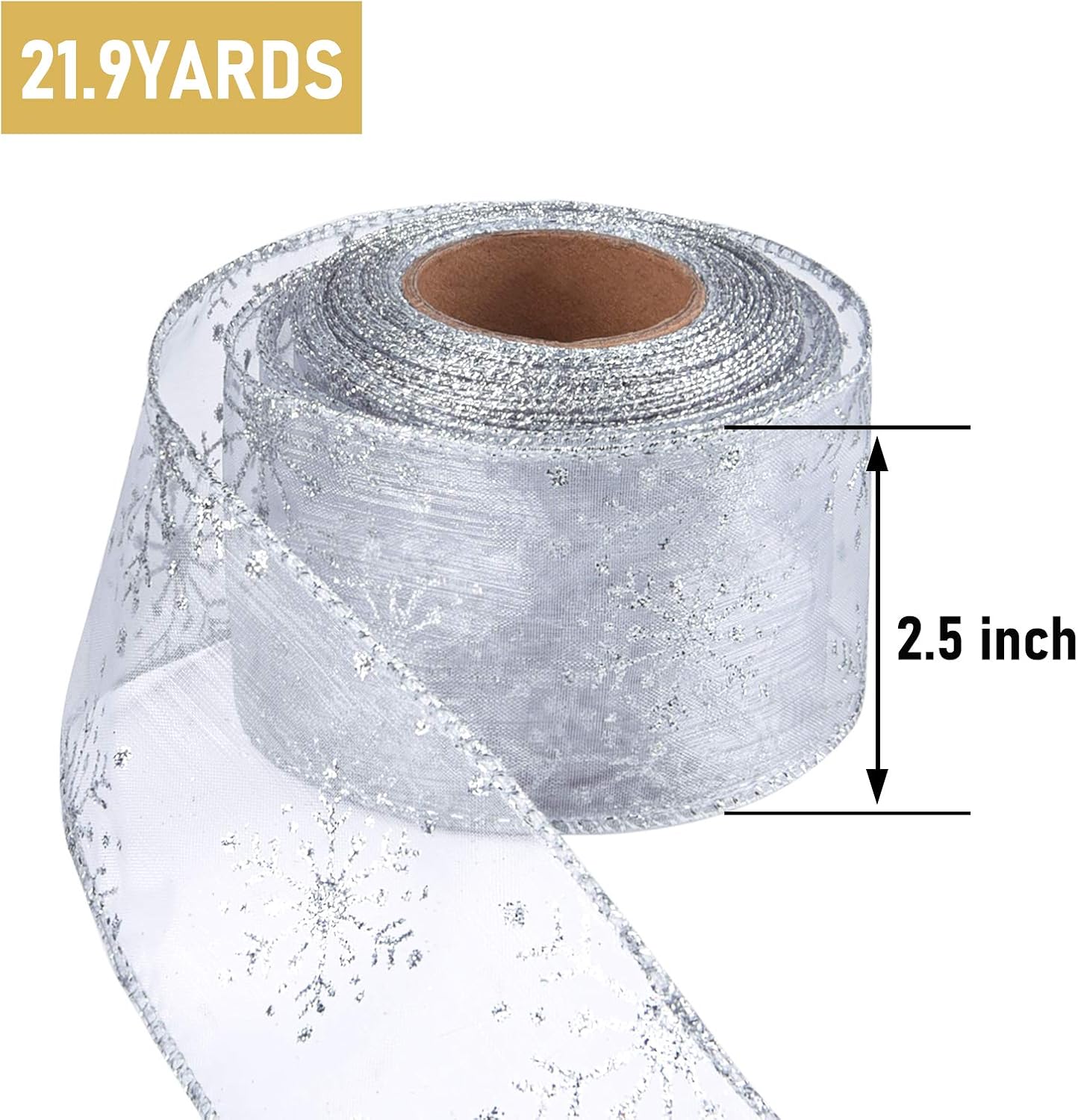 2.5 Inch Wide Christmas Wired Ribbon Snowflake Organza Sheer Glitter Ribbon for Xmas Tree, Wreath, Party Decoration, Gift Wrapping (Silver, 65.7 Foot (Pack of 1))