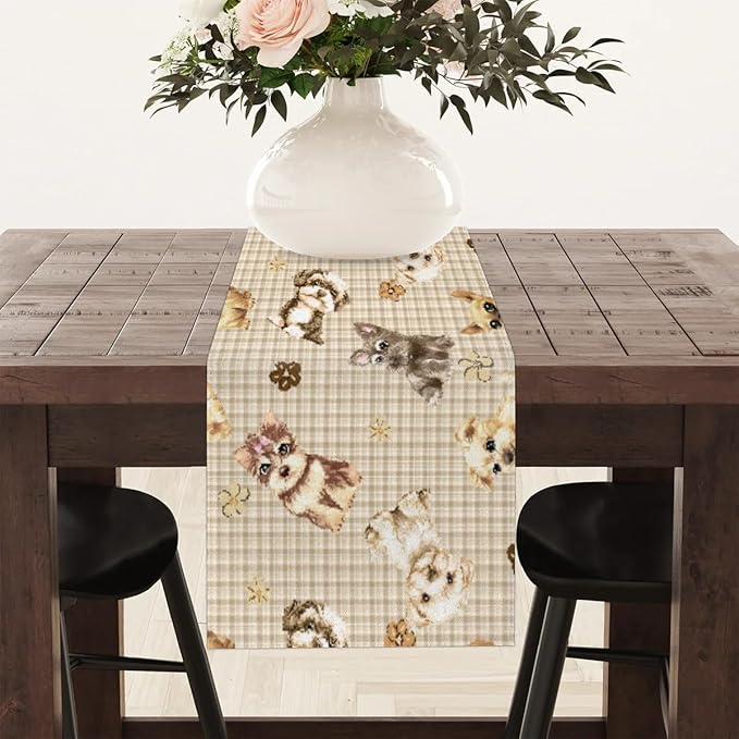 Cute Puppy Table Runner Kitchen Dining Table Runner 13*90in Table Center Decor for Indoor Outdoor Home Holiday Party
